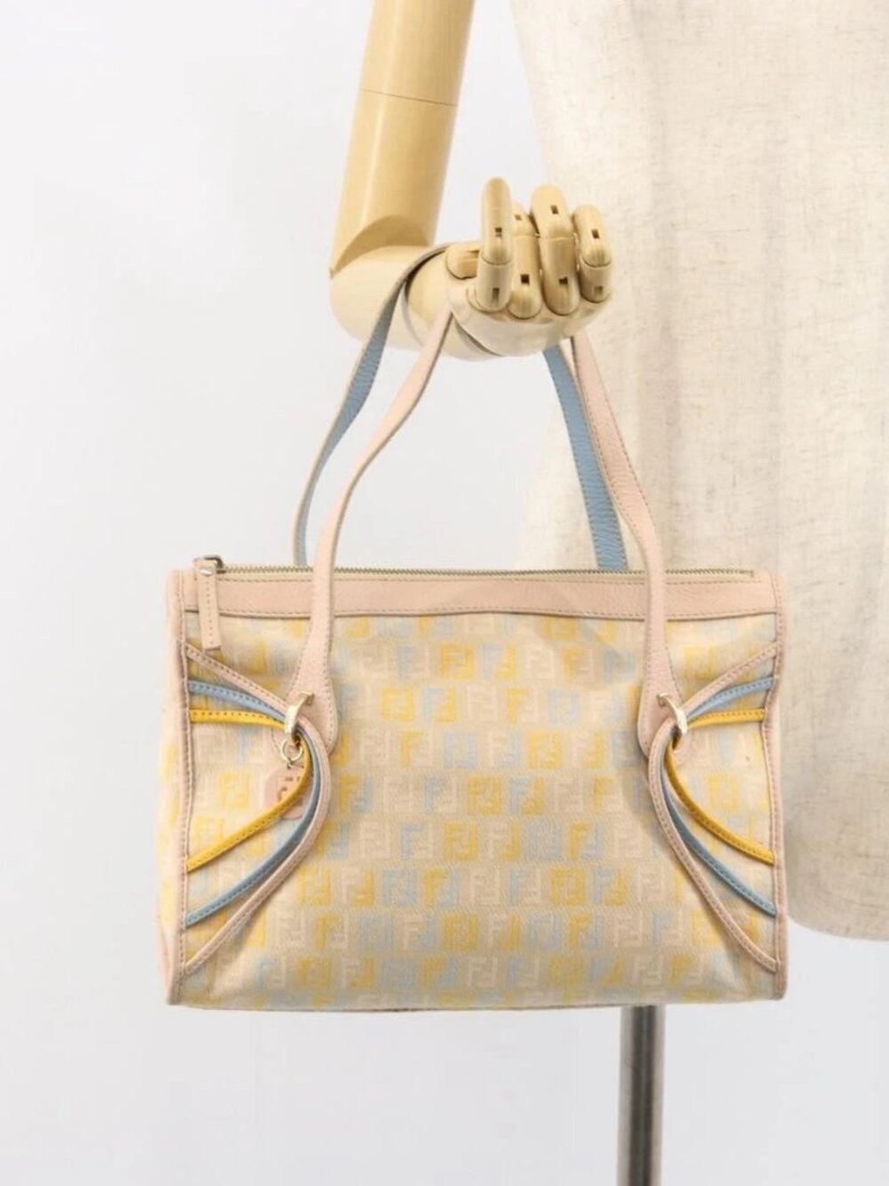 FENDI Zucchino Canvas Hand Bag Multicolor Gold Auth 159377